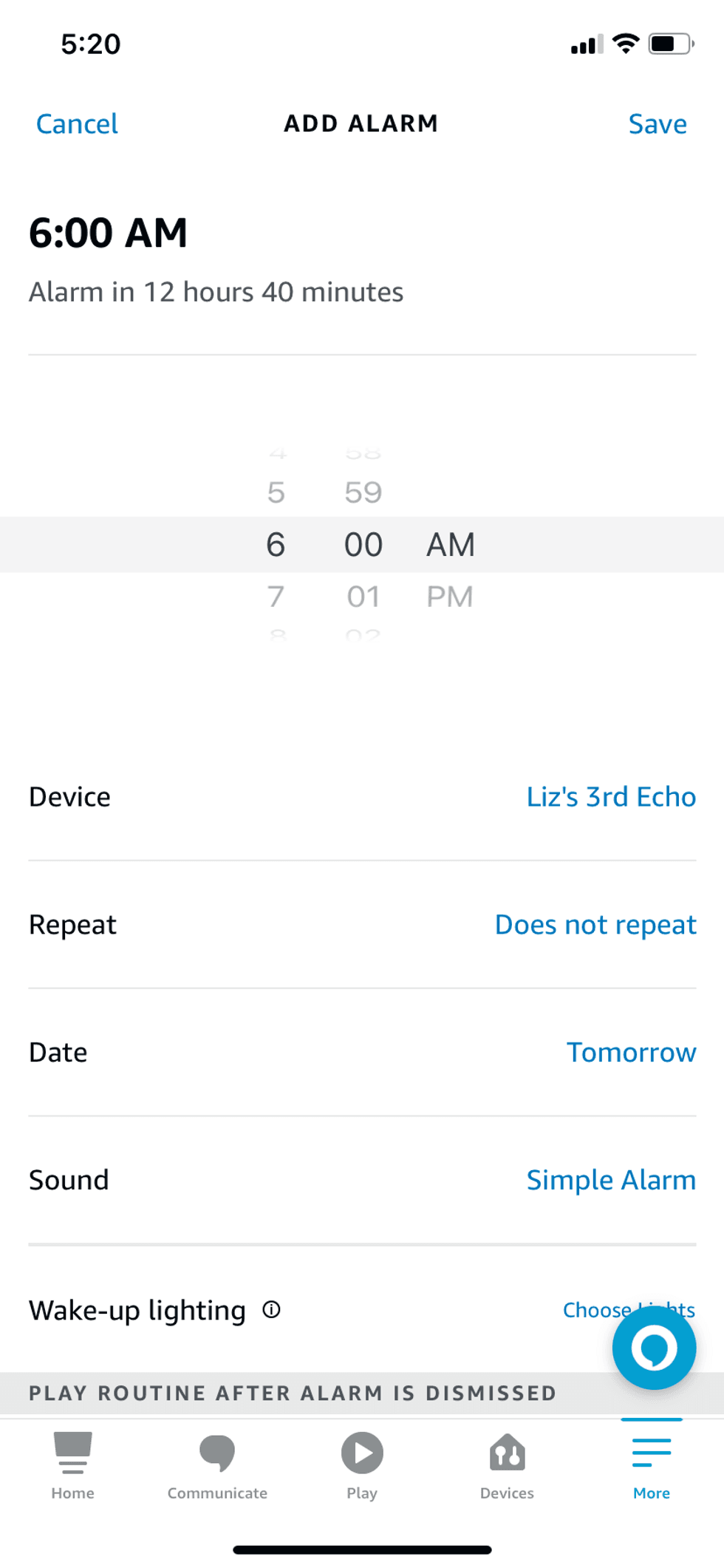 Alexa app showing adding an alarm for your Alexa device