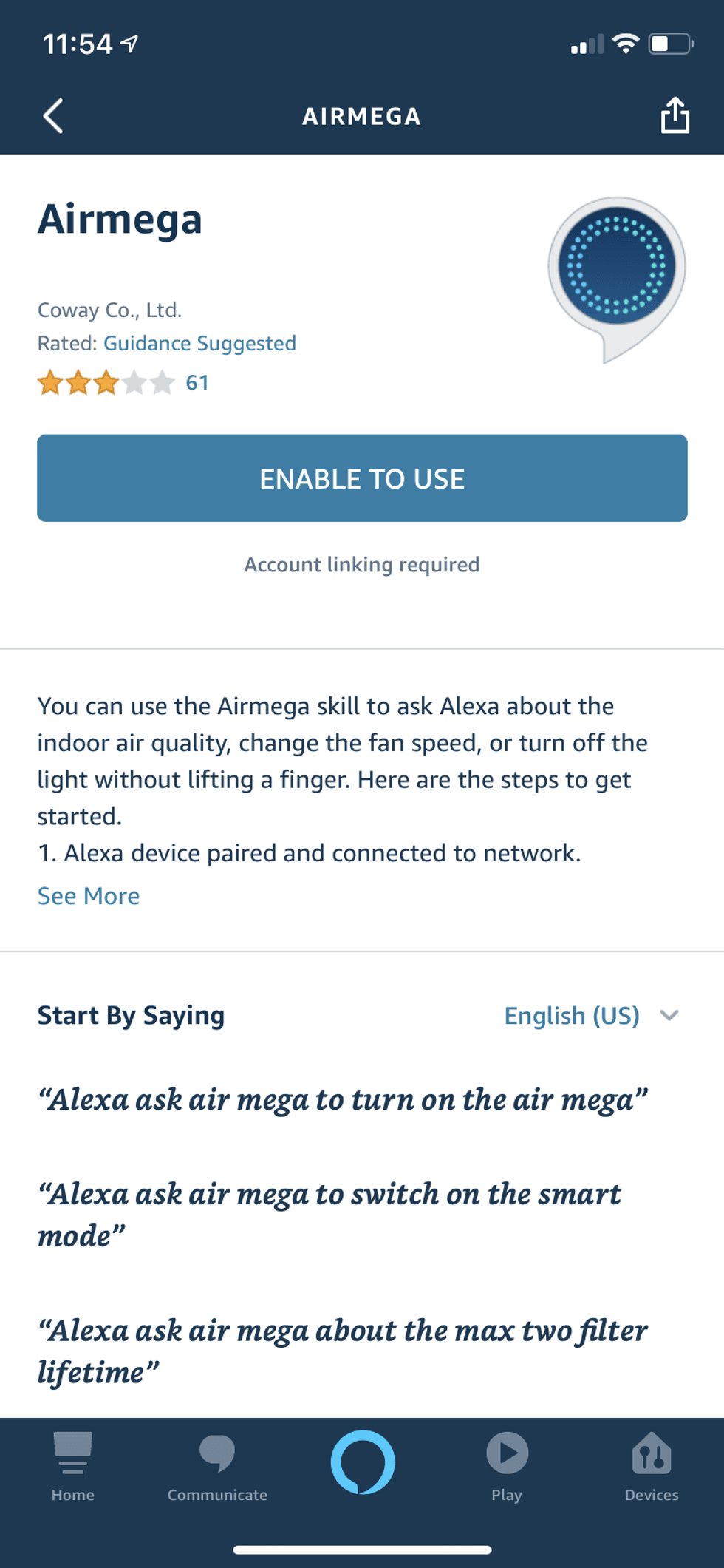 Alexa skill app for enabling Coway Airmega