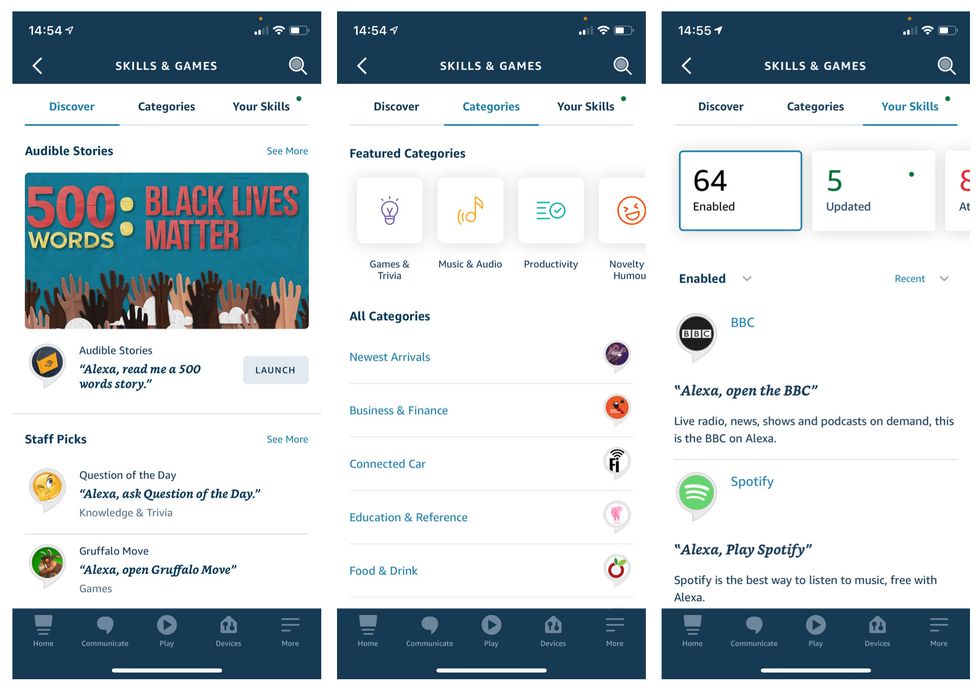 Amazon Alexa skills catalog on Alexa app for iPhone