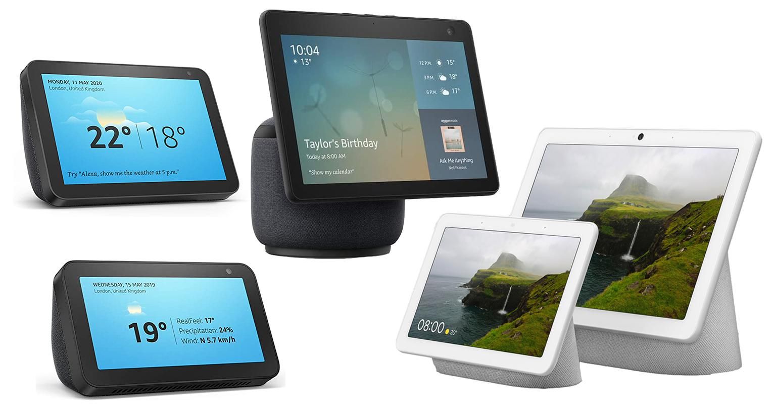 a product shot of smart speaker displays by Amazon and Google