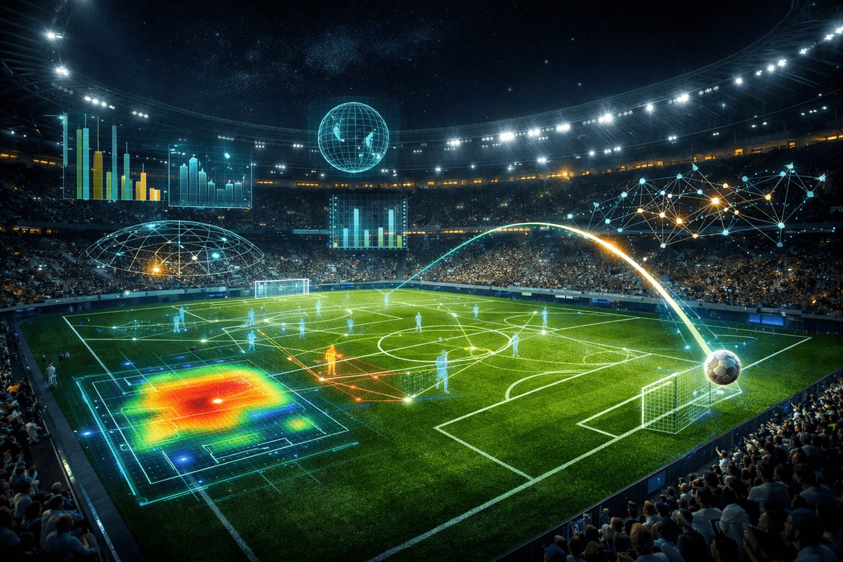 an illustraction of soccer field with augmented reality players.