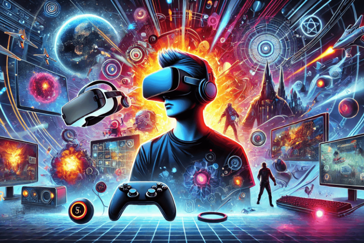 an illustration of a boy wearing VR Headset with virtual images surrounding him.