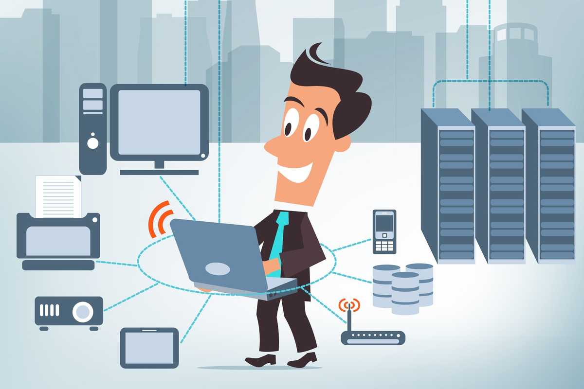 an illustration of a man in an office on a laptop connected to many machines and devices.