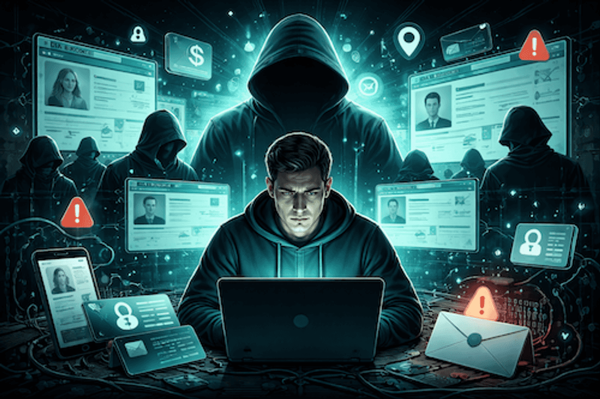 an illustration of a man on a laptop with images of identities of data brokers.