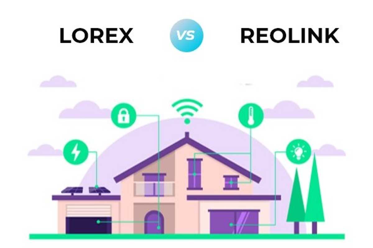 an illustration of a smart home with lorex vs reolink headline