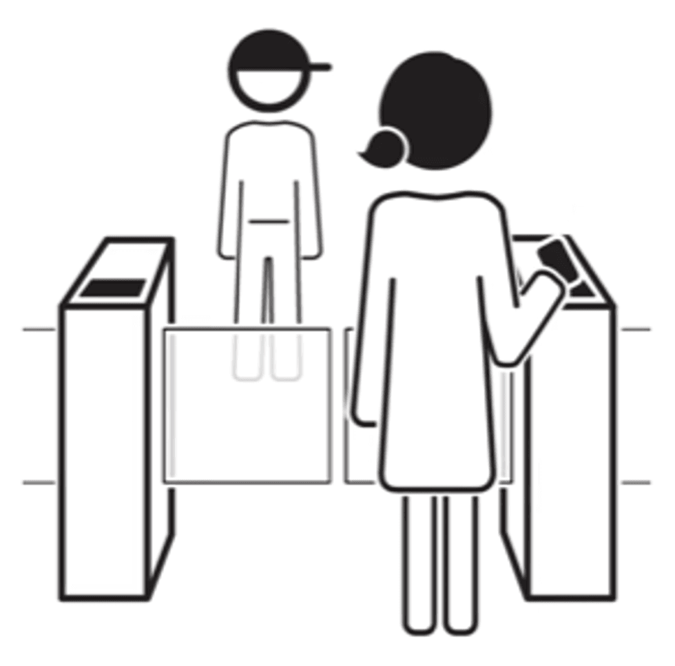 An illustration of the Amazon Go app, showing a woman entering the store by scanning an app on her phone