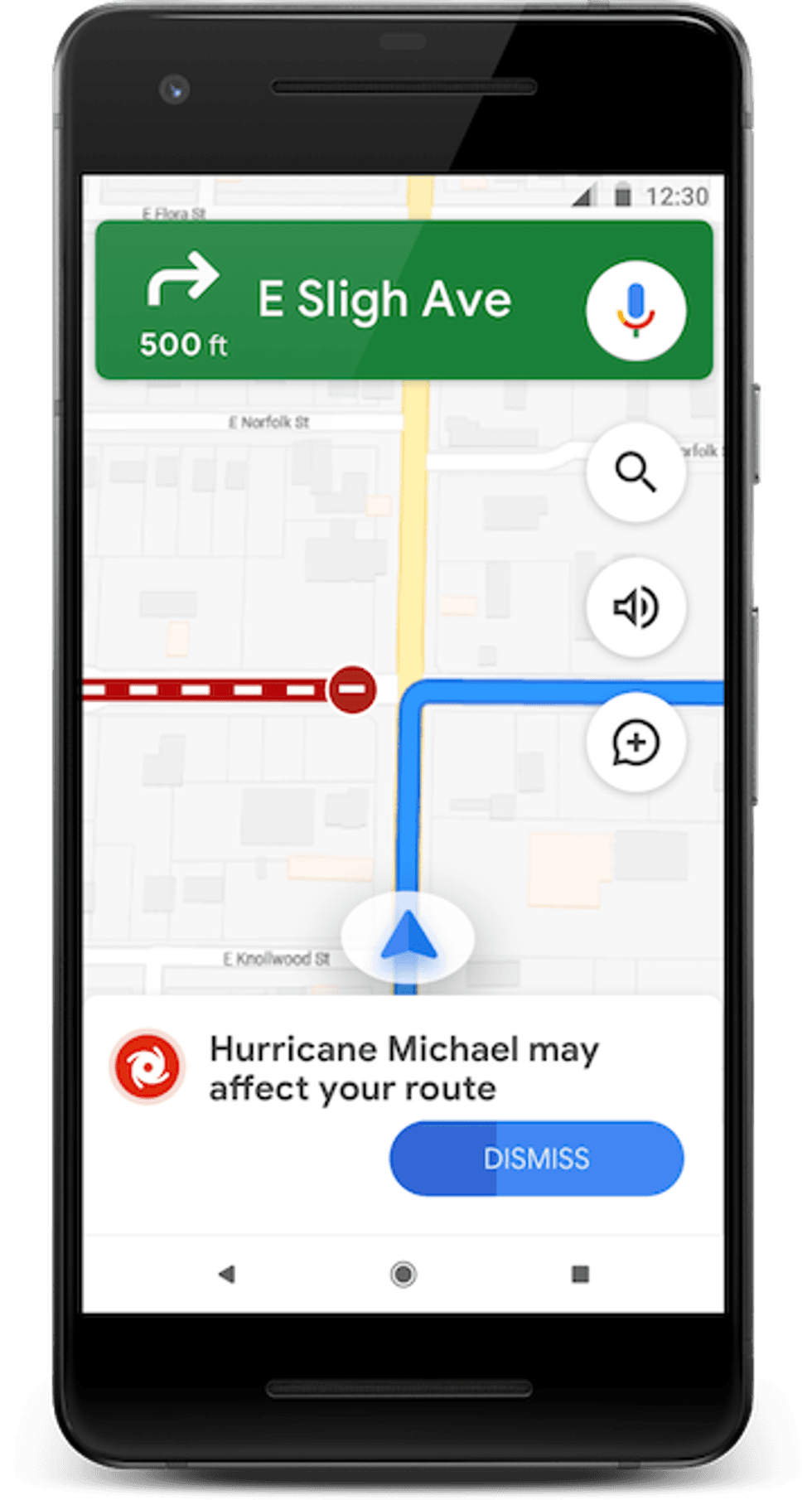 An image of new alerts, to re-route drivers in the event of a hurricane, that are coming to Google Maps