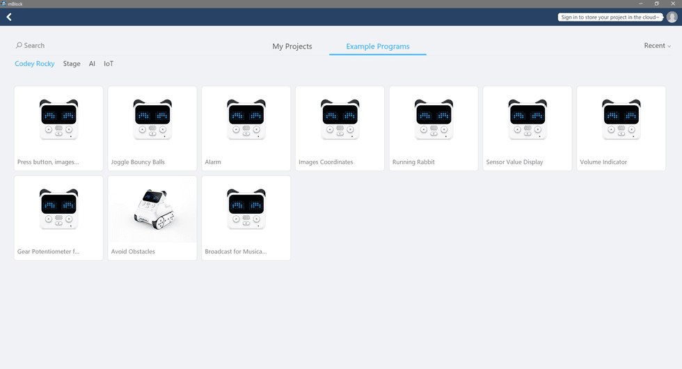 An image of several pre-written programs for Codey Rocky including one that lets you use the robot as an alarm