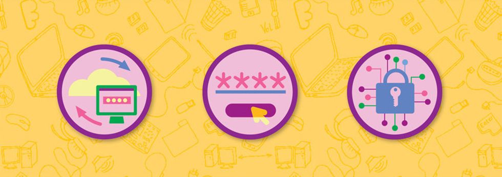 An image of some of the Girl Scout badges they can earn around robotics, engineering and cybersecurity