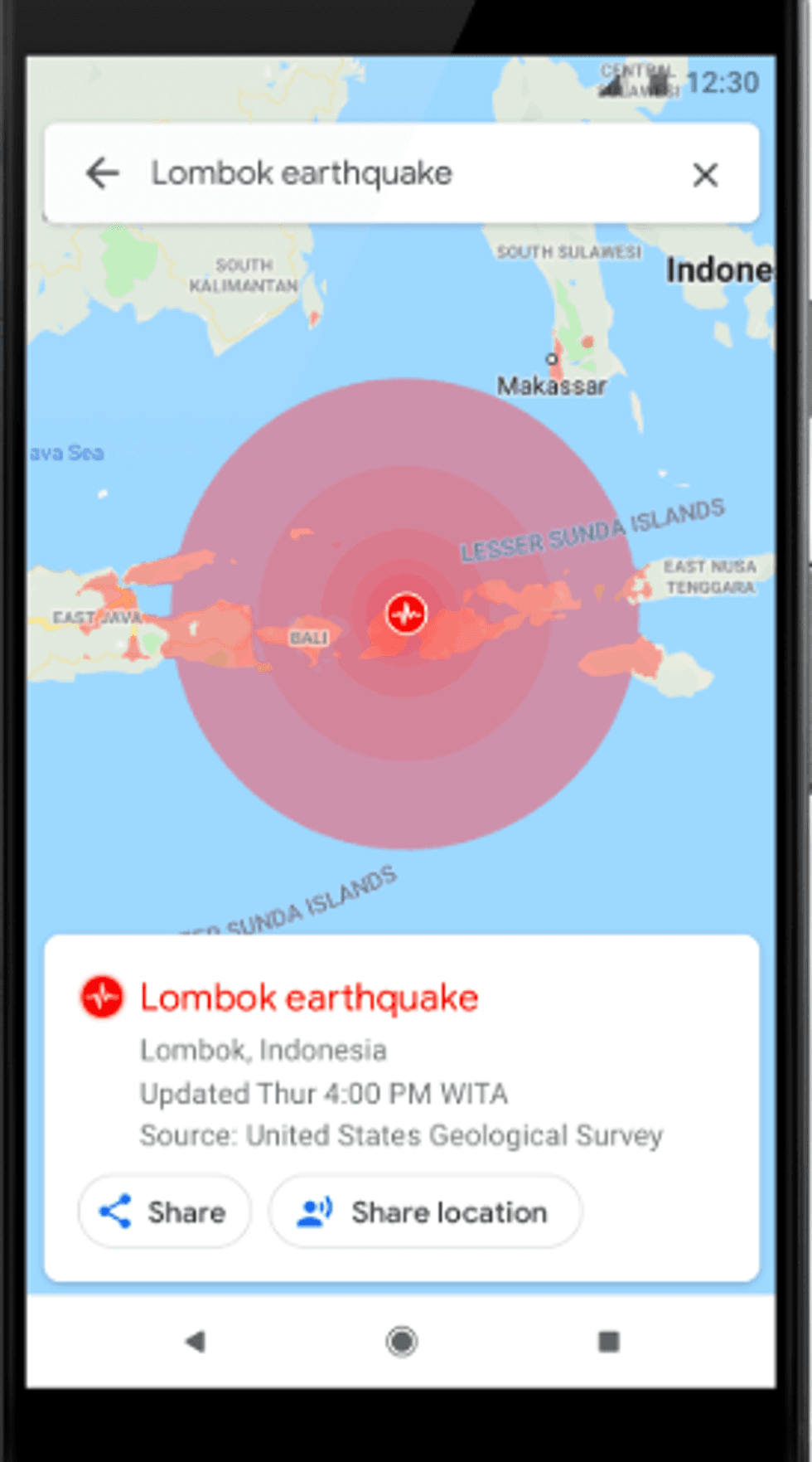 An image of the app showing alerts on the epicenter and where earthquake have affected surrounding areas, is on its way to SOS alerts in Google Maps