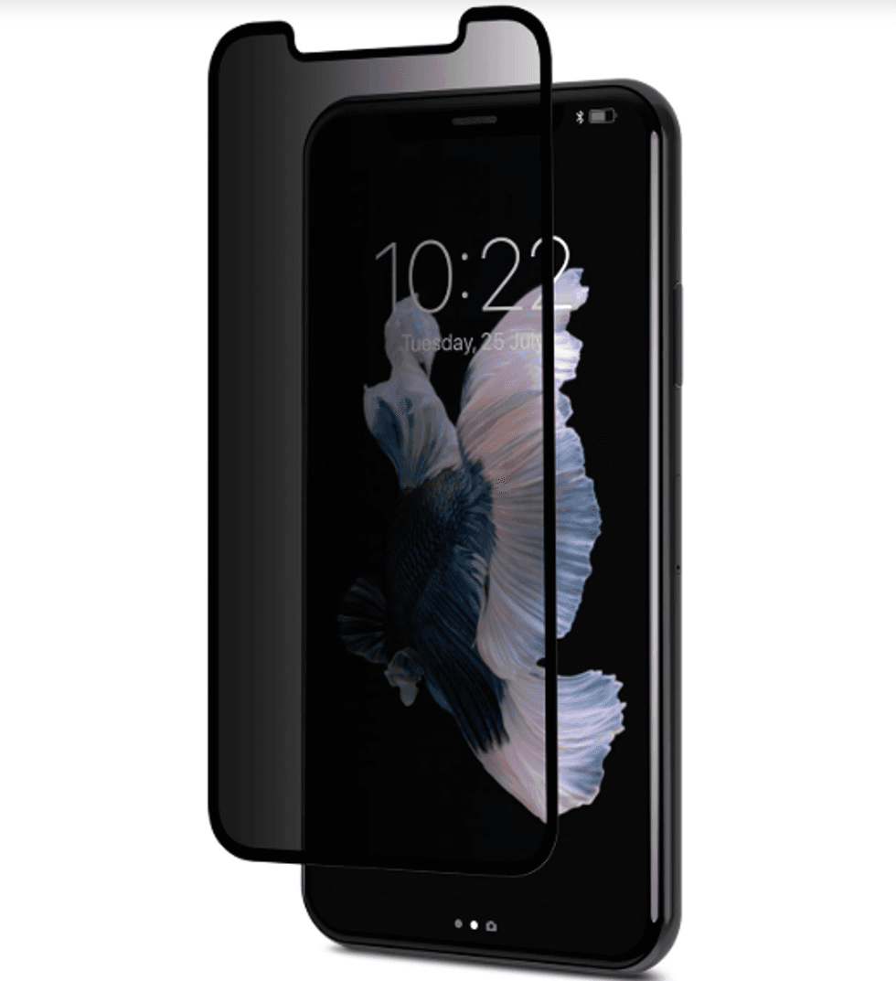 An iPhone with a dark gray screen half on top of it to show privacy protection