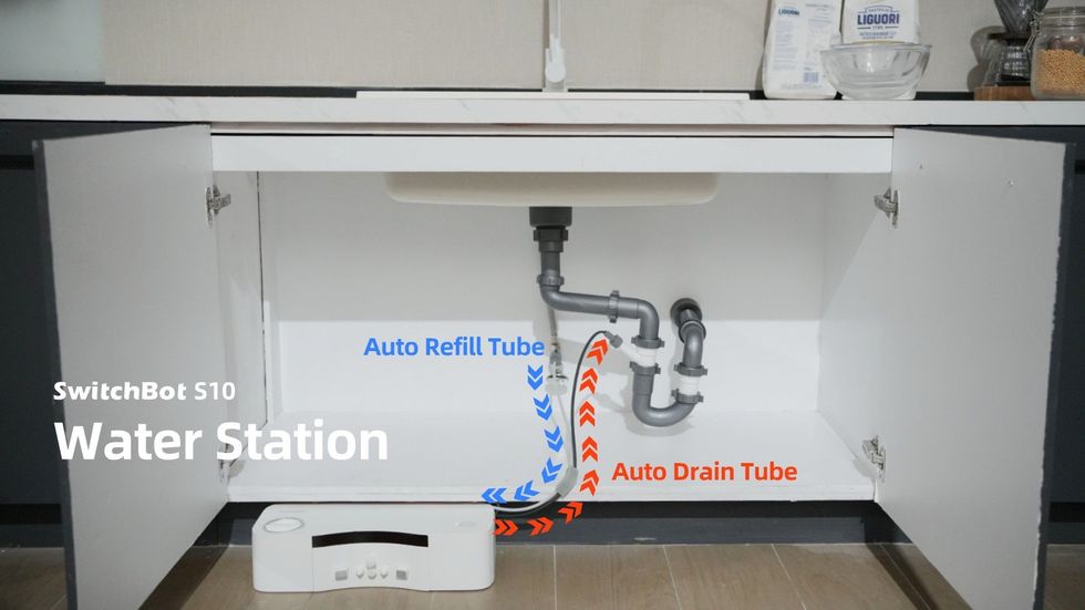 an photo illustrating how SwitchBot S10 robot vacuum and water station work