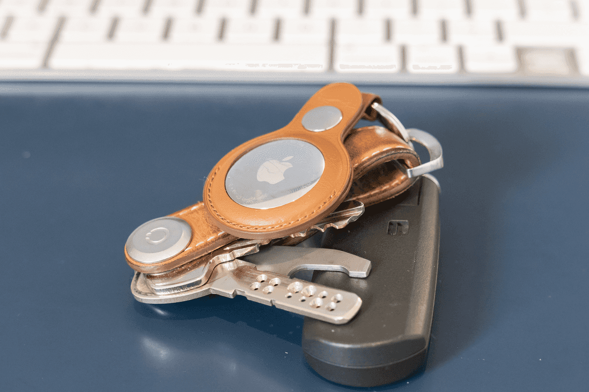 Apple AirTag in Apple's leather keyring accessory