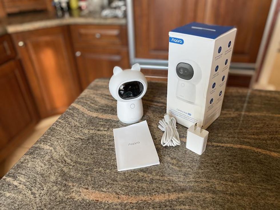 Aqara Camera Hub G3 unboxed on a countertop