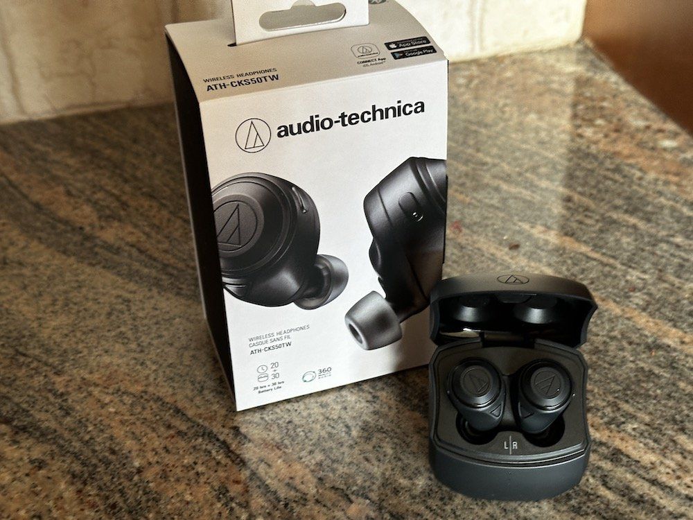 a photo of Audio-Technica ATH-CKS50TW Wireless Earbuds and box