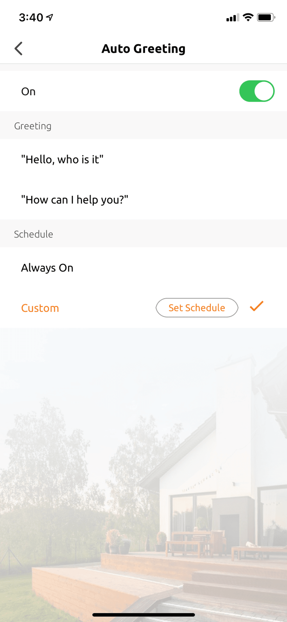 Auto Greeting setup in Toucan app for video doorbell