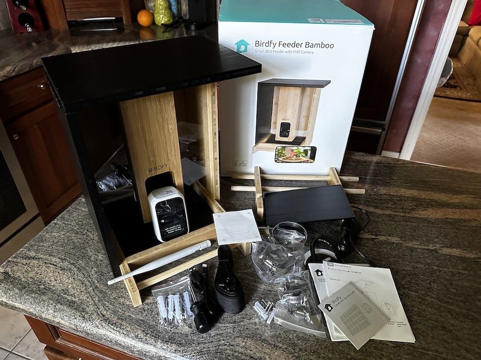 Birdy Smart Bird Feeder with Bamboo and FHD Camera unboxed on a counter