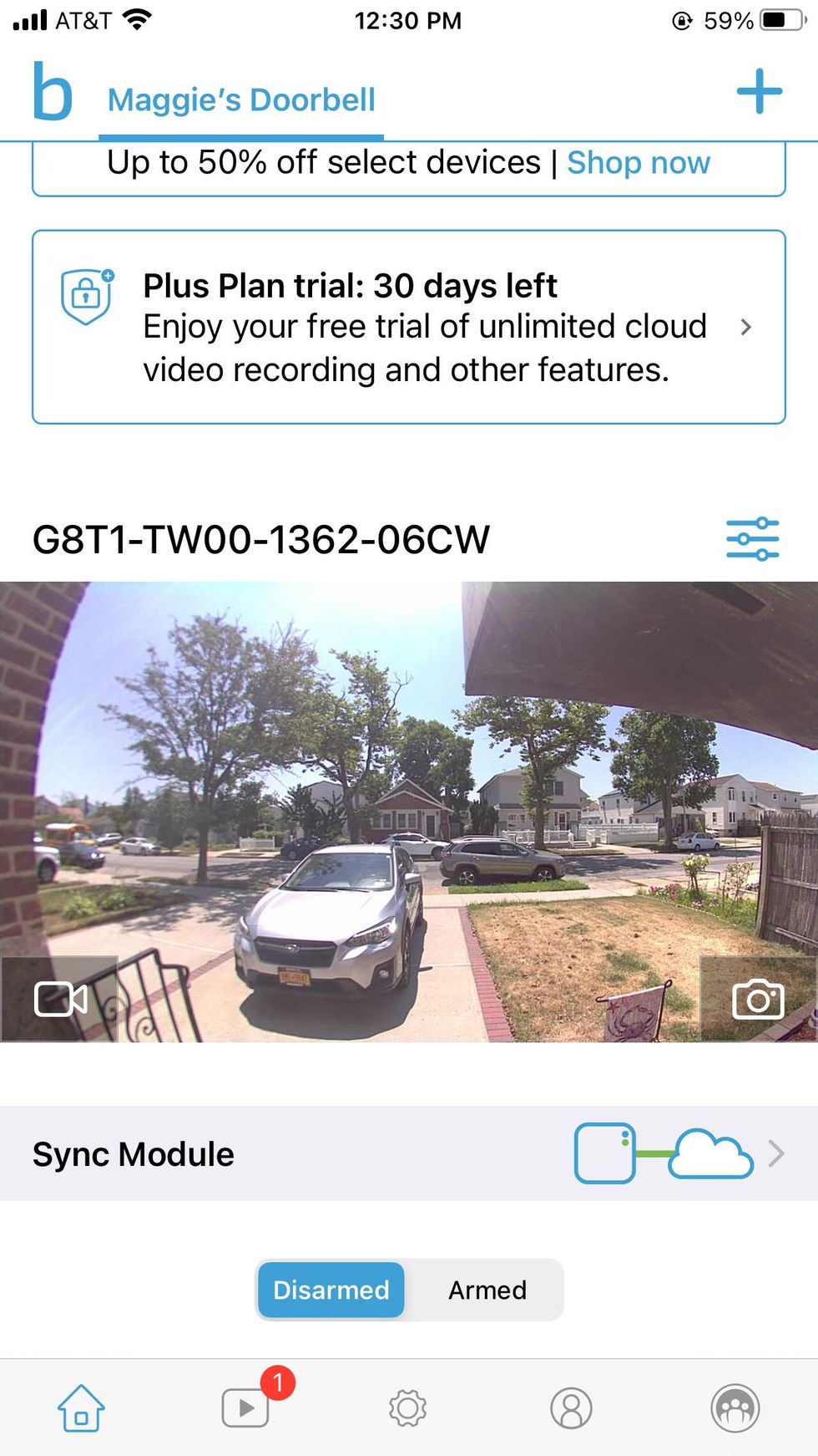 Blink app home screen with sync module connected