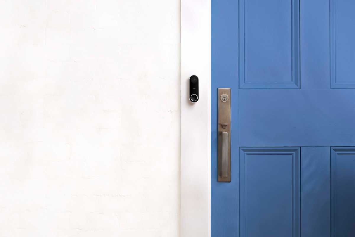 Blue door with a vide camera to the left on a white wall