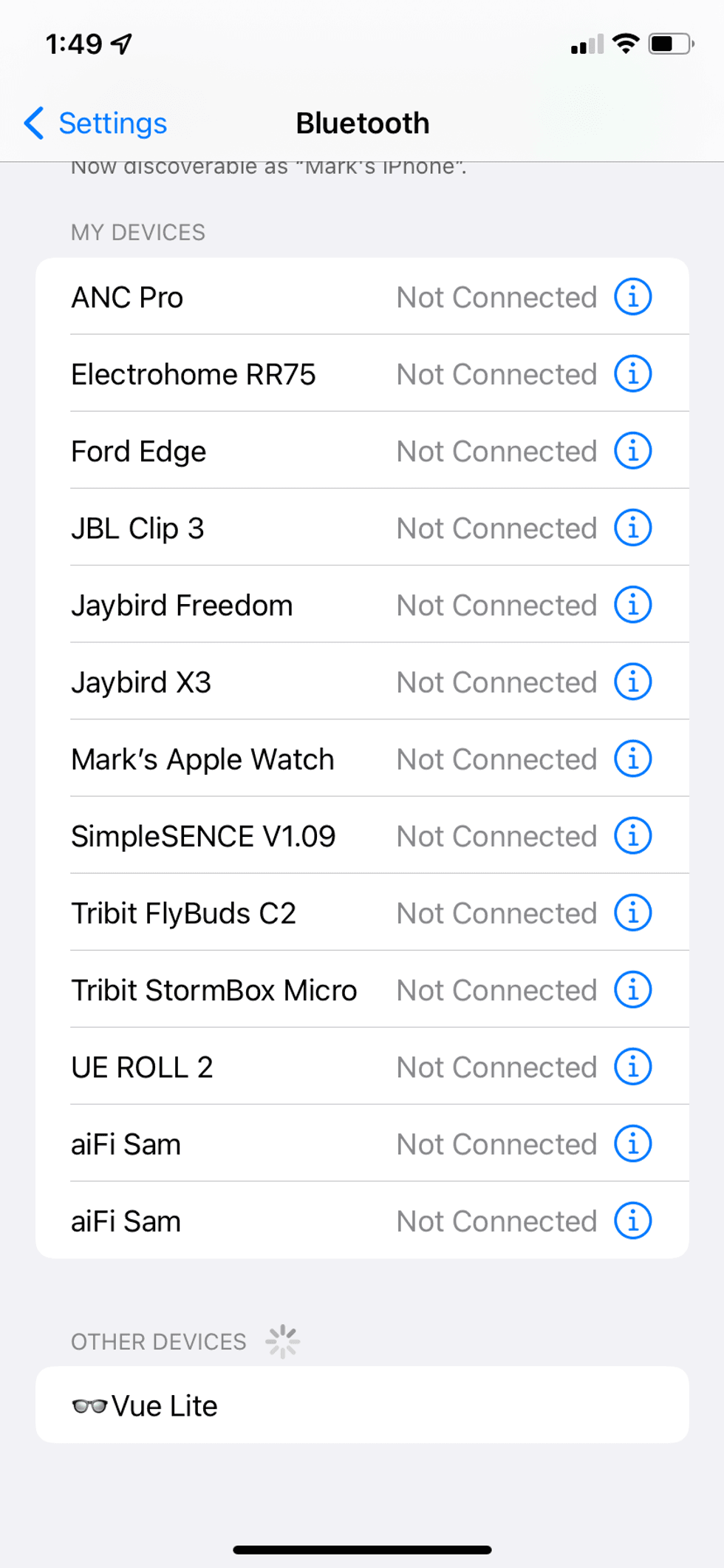 Bluetooth setting for smartphone showing Vue Lite glasses to be connected.