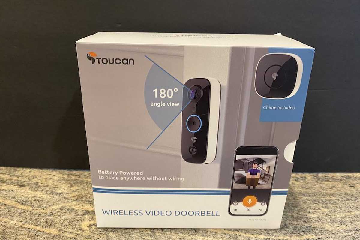 Box of Toucan Wireless Video Doorbell on a counter