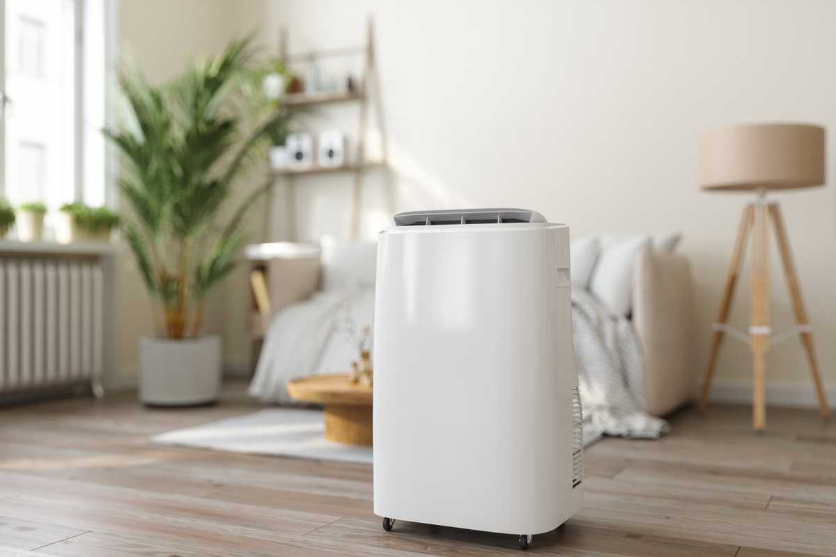 Close-up View Of Portable Air Conditioner With Blurred Living Room Background stock photo