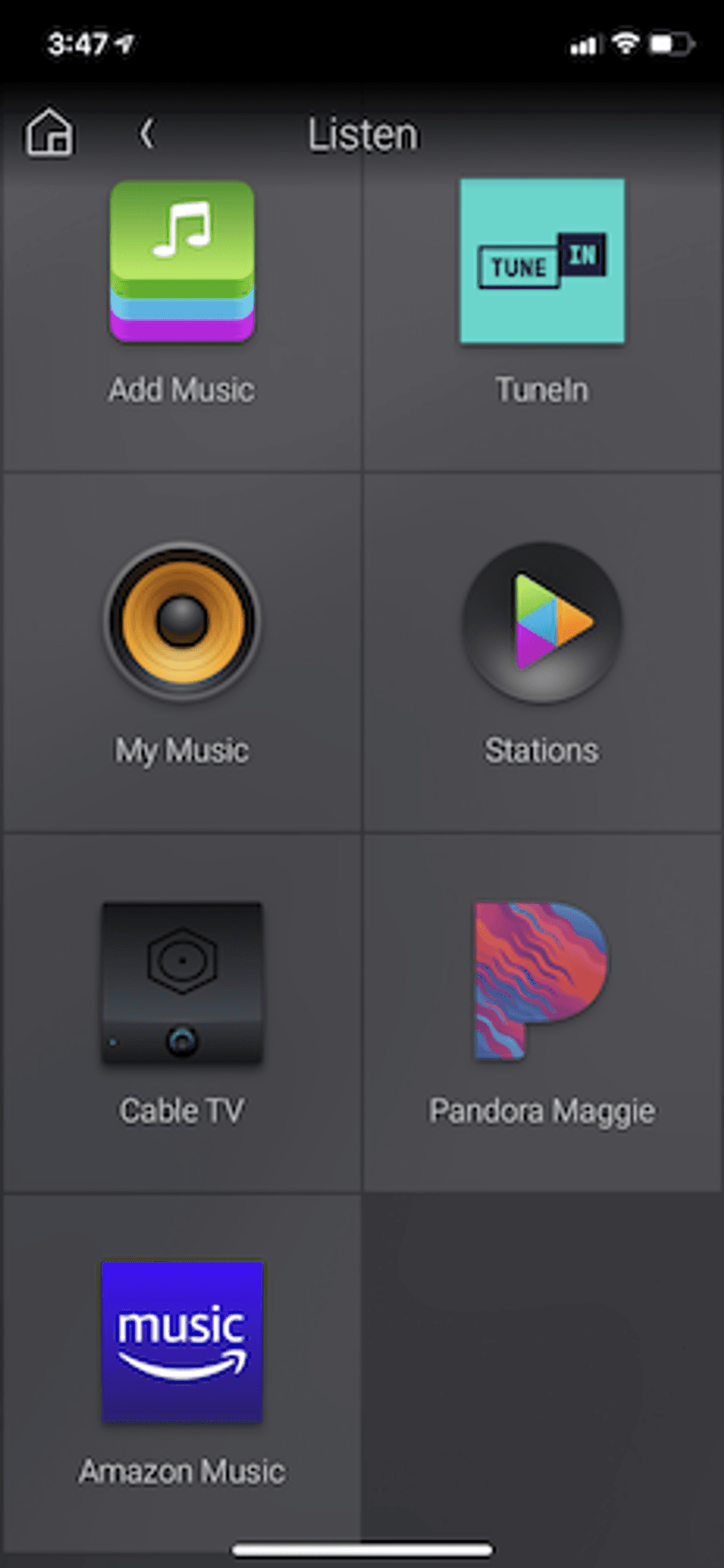 Control4 app showing music app setup controlled by Neeo