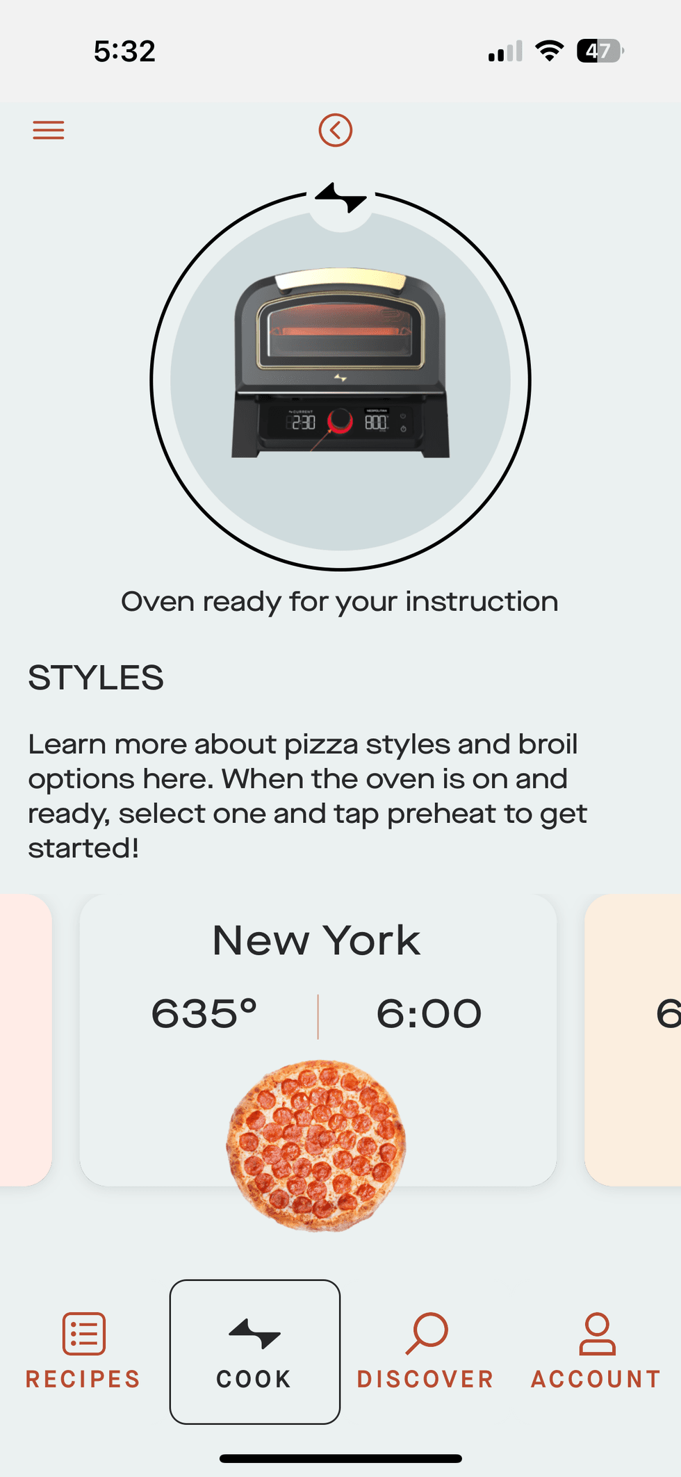 Current app screenshot on what to select to cook