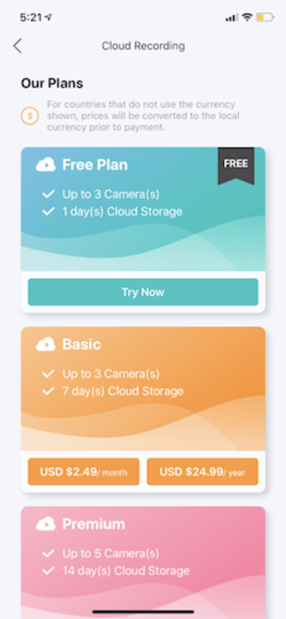 D-Link Cloud Recording plans in app