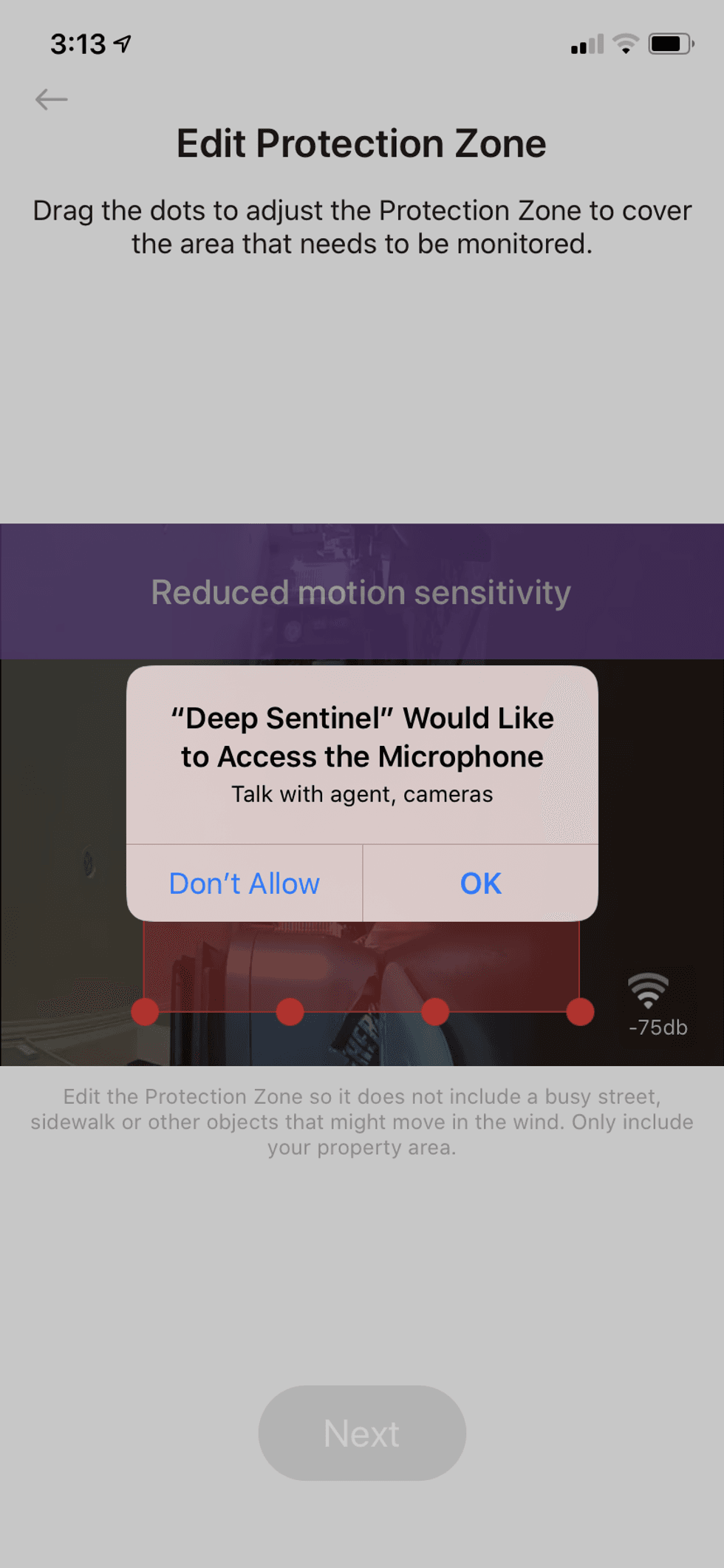 Deep Sentinel asking for permission to access your smartphone's microphone.