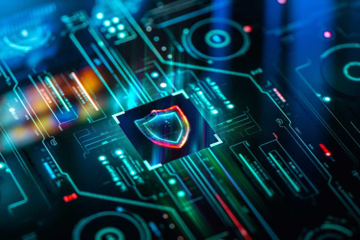 Digital security and privacy background. Cyber and crypto security shield on futuristic screen technology background. stock photo