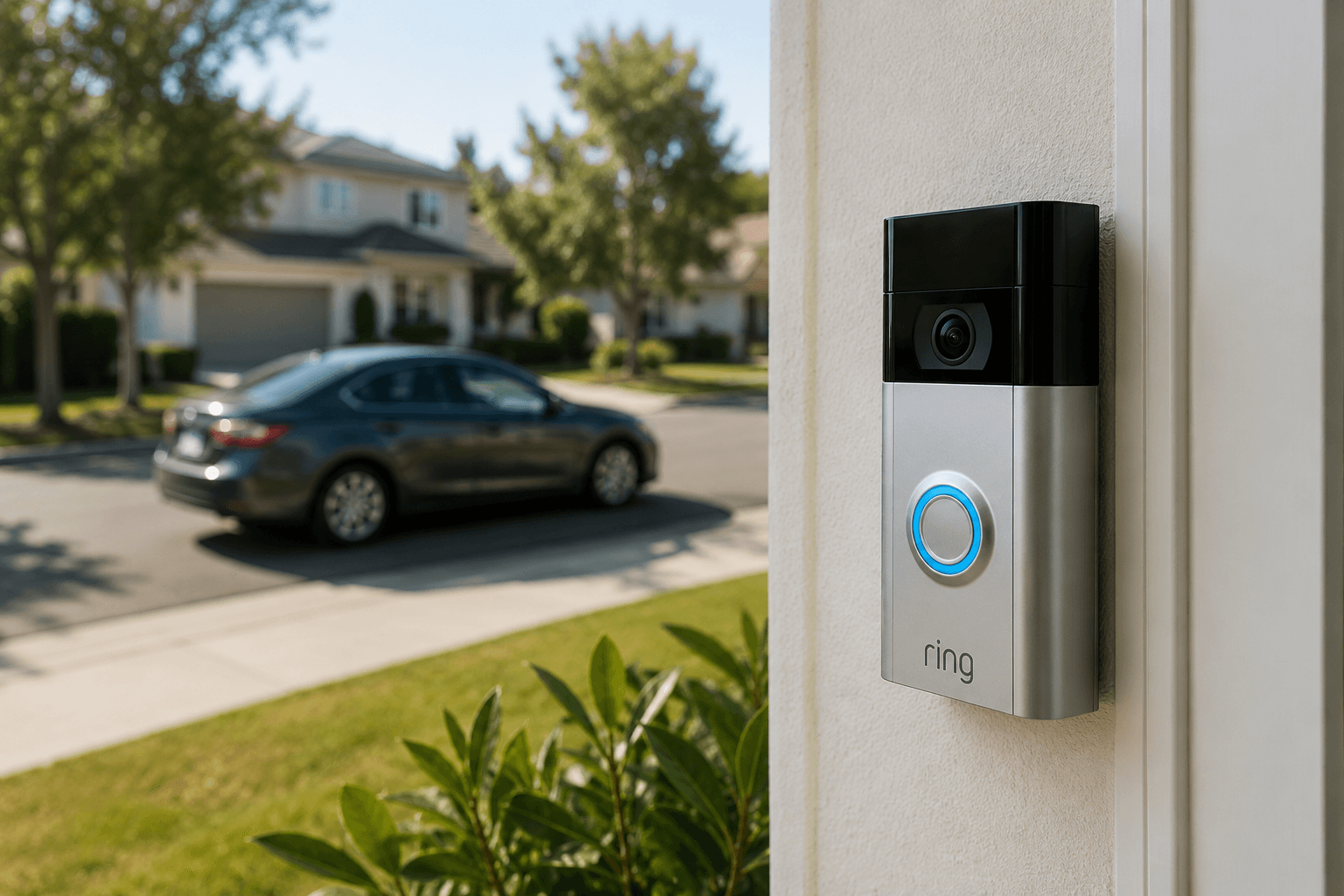 a photo of a ring doorbell and a car in the background