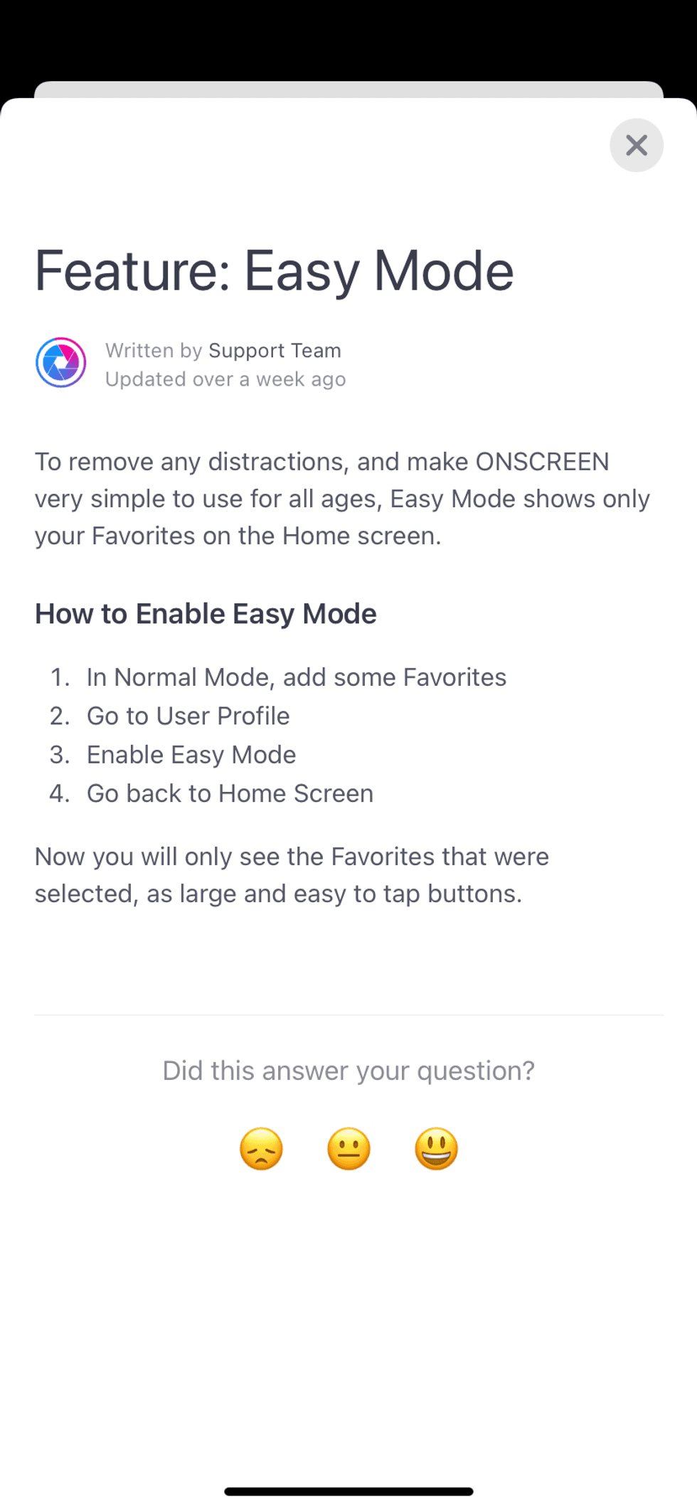 Easy Mode in app feature for ONSCREEN