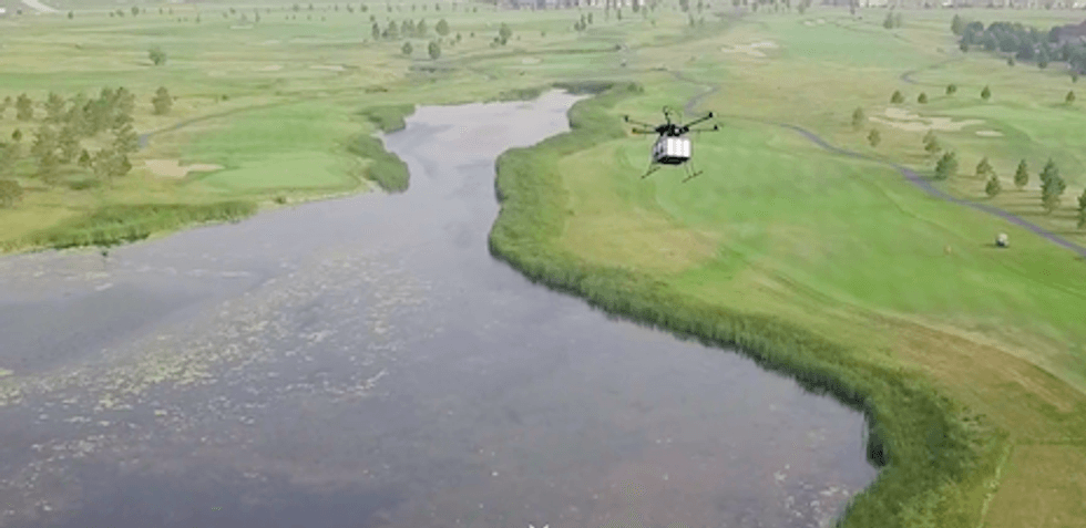 Flytrex drone flying across the King's Walk Golf Course in Grand Forks, North Dakota
