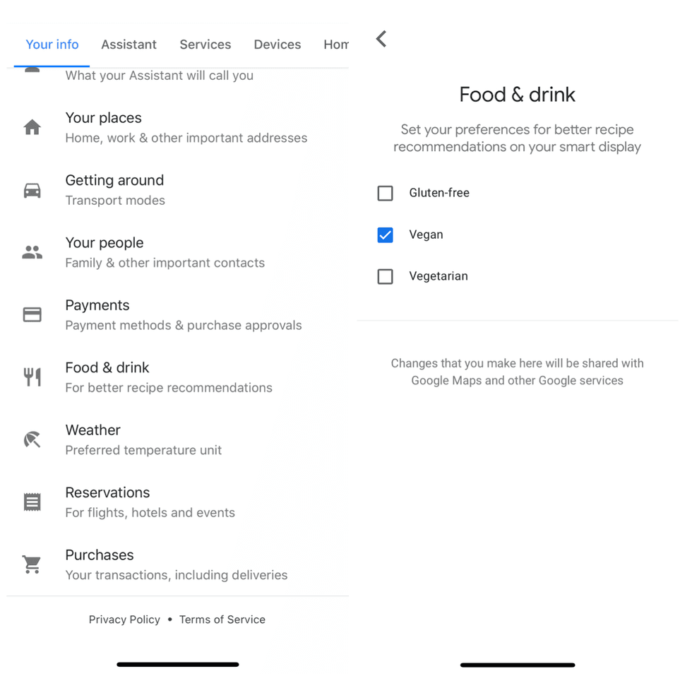 Google Assistant dietary requirement options