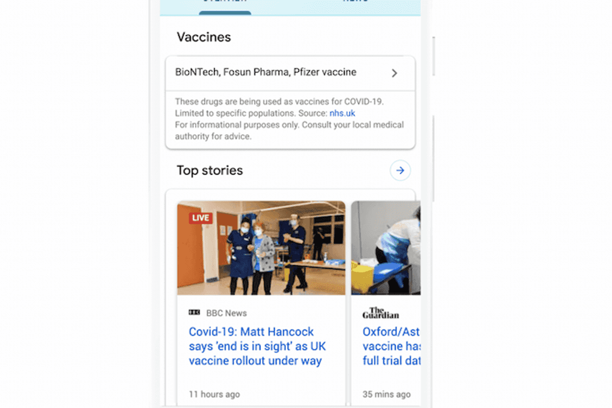 Google UK search results for the Covid-19 vaccine