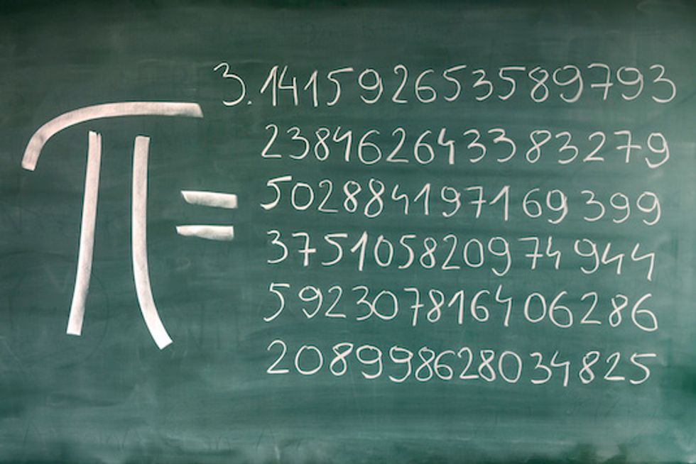Hand-written Pi numbers on green chalkboard