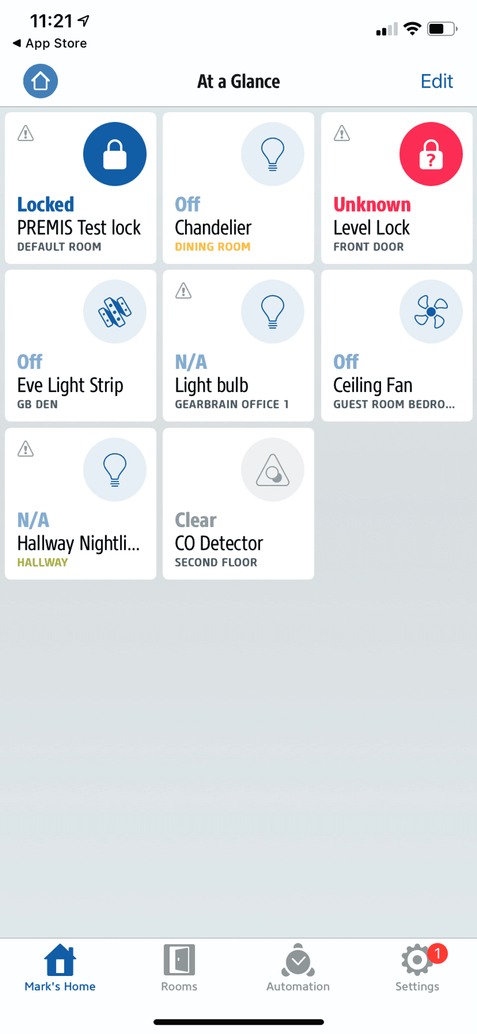 home page in Eve app showing all compatible devices.