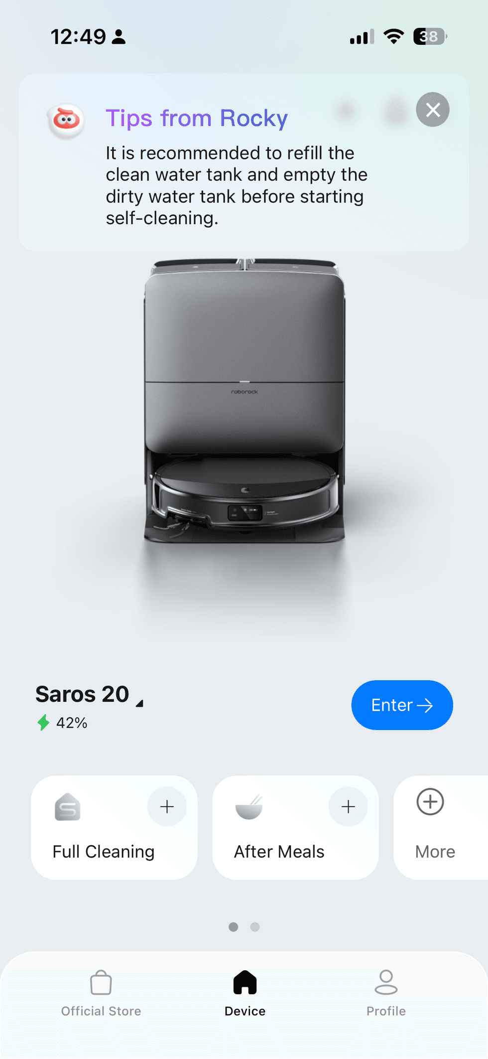 home screen in Roborock app for Roborock Saros 20