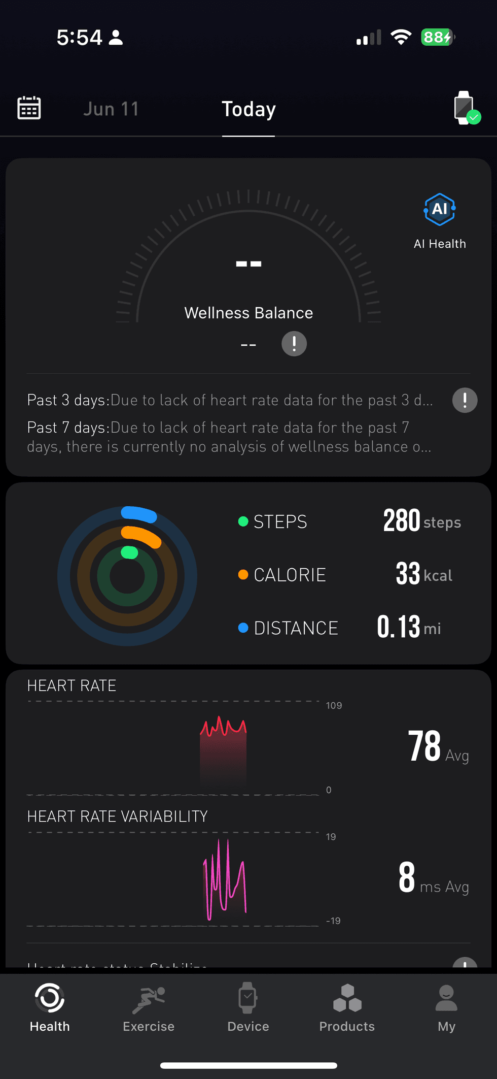 Homescreen of Tozo Health app for TOZO AMOLED S6 Smart Watch