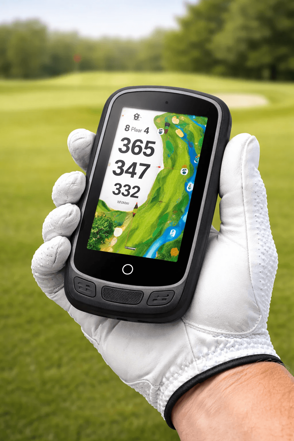 a golfer holding a golf gps finder in his gloved hand