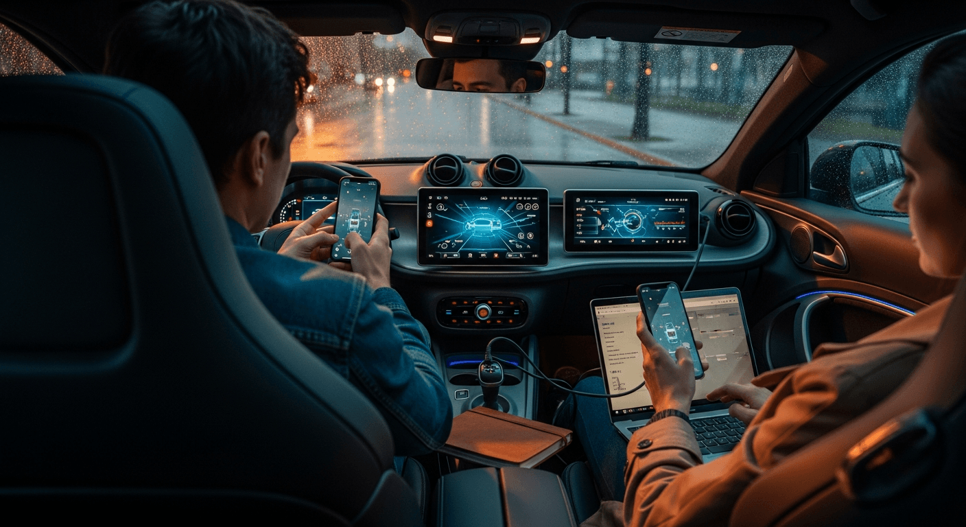 photo of two people on their cellphones while in the car.