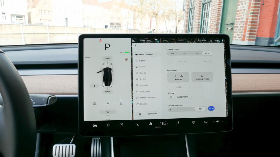 Photo of the touch screen of a Tesla Model 3