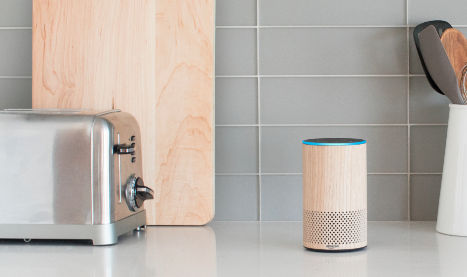 Photo of an Amazon Echo smart speaker in the kitchen
