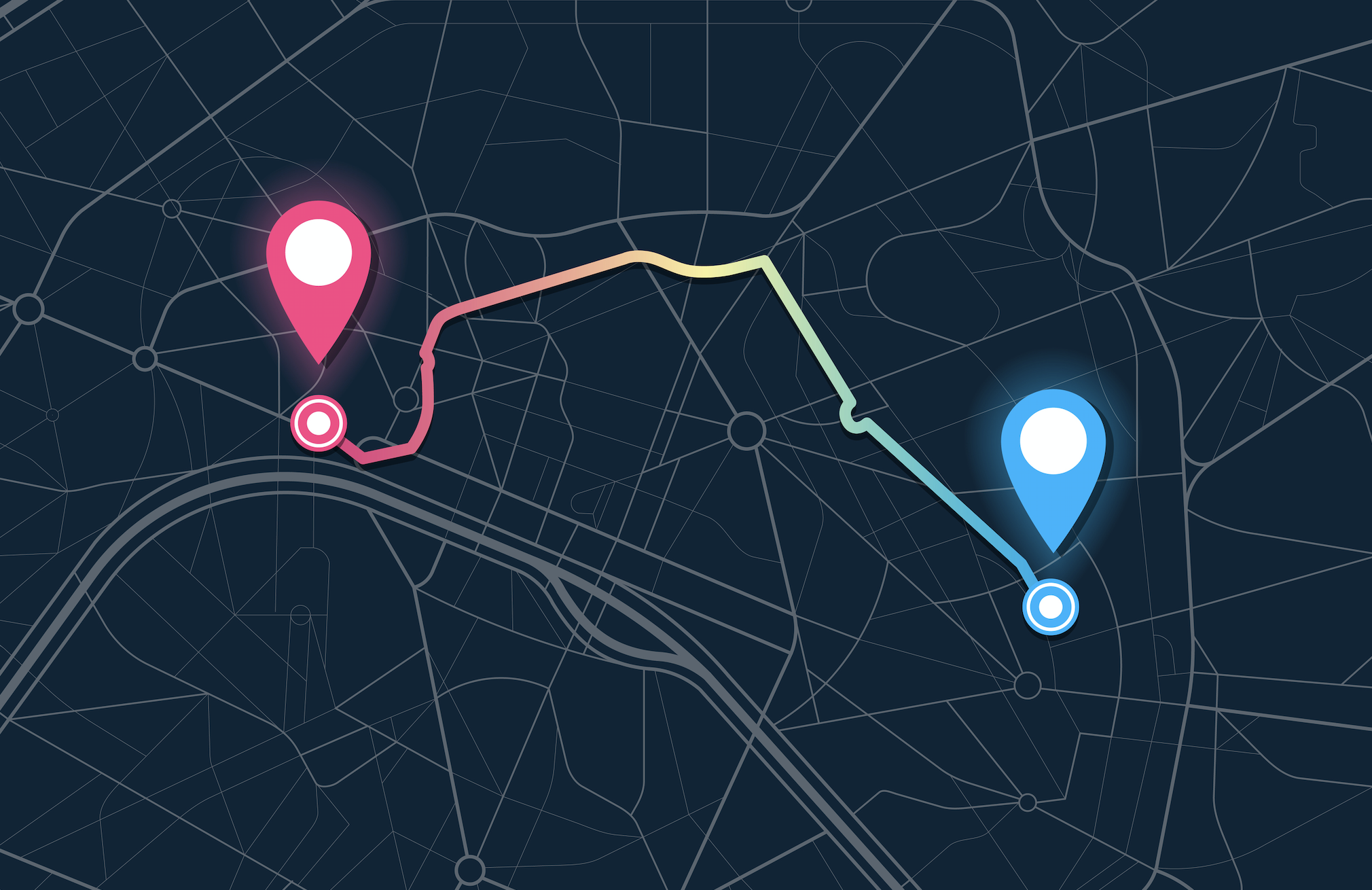 Graphically image showing a route from one location to another