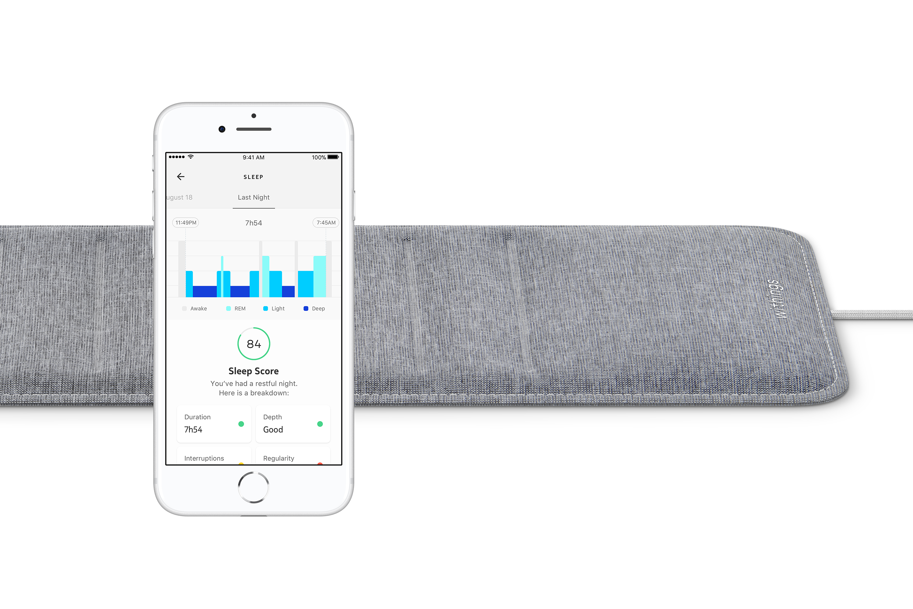 Image showing the Withings Sleep monitor and Health Mate app