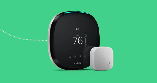 Photo of an Ecobee smart thermostat and sensor