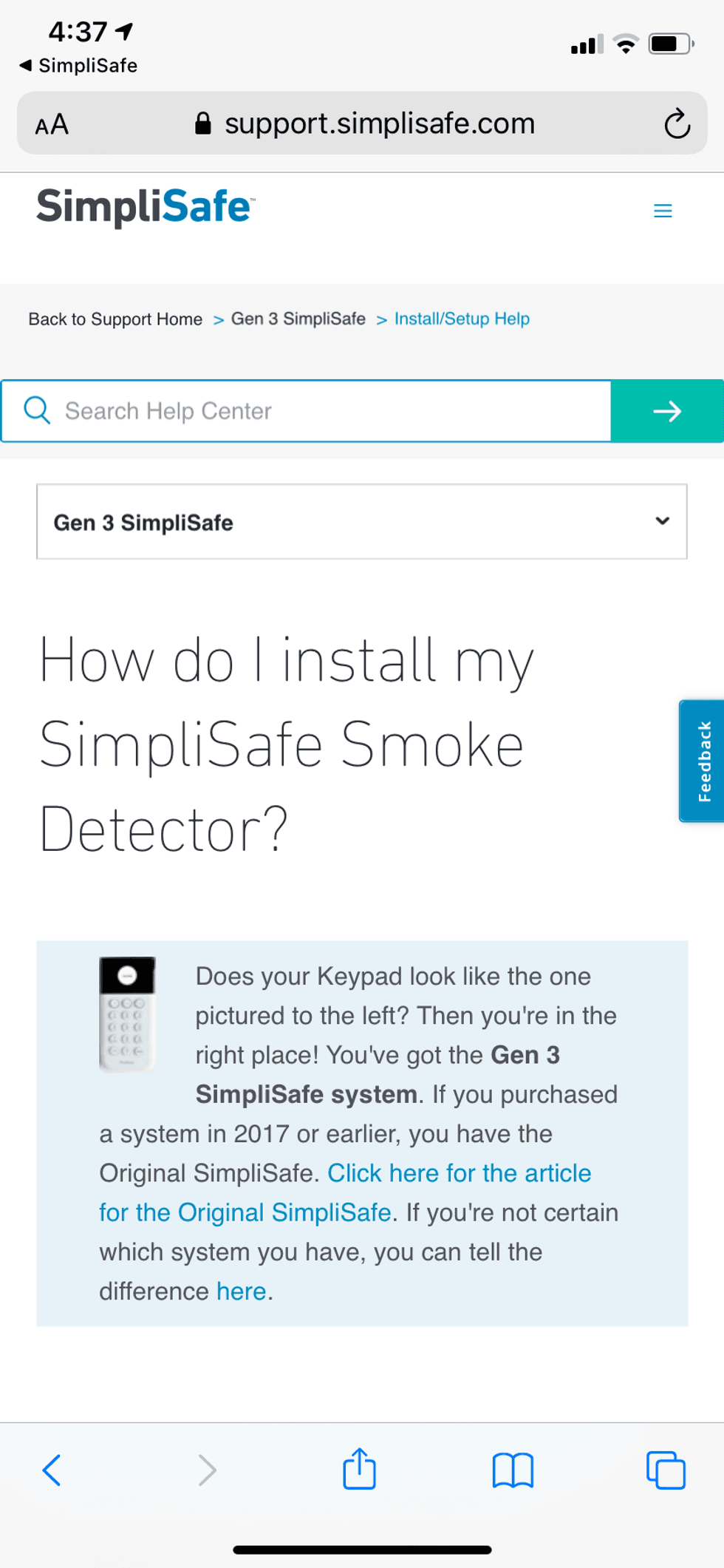 instructions in SimpliSafe app on how to install smoke detector.