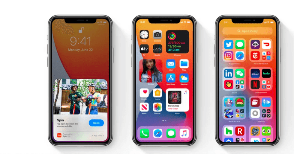 iOS 14 displayed on iPhones