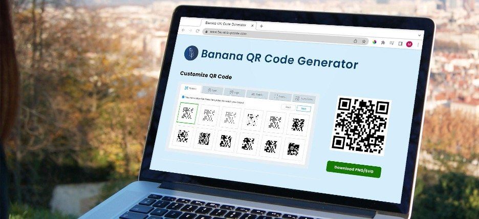 a photo of a laptop showing Banana QR Code Generator Home Page